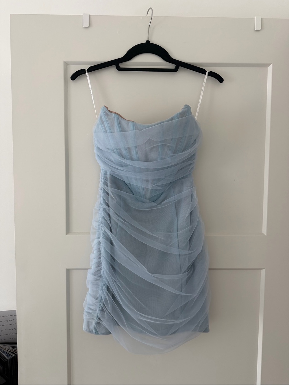 White Fox Light Blue Ruched Tulle Mini Dress
